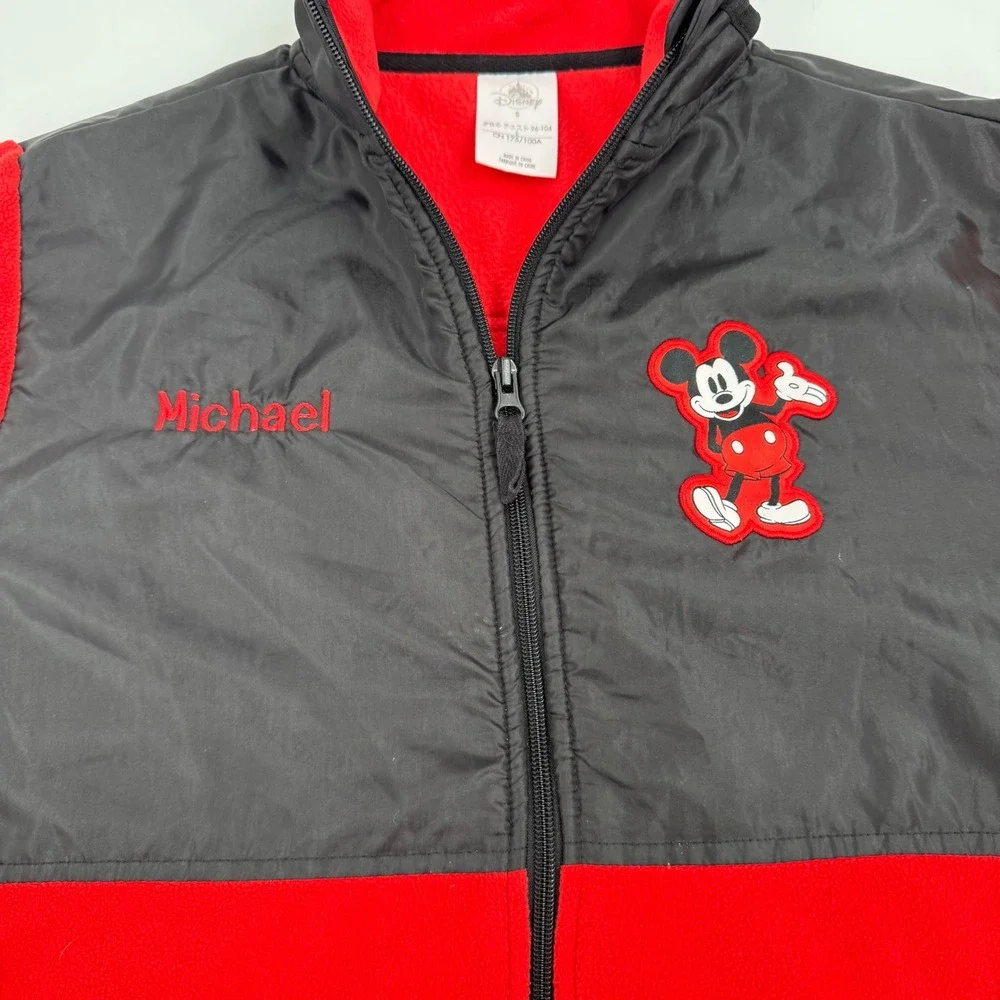 Disney Mickey Mouse‎ Full Zip Fleece Jacket Michael Embroidered Red Black Small
